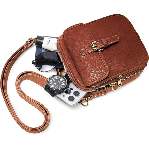 Leather Crossbody Bag Women Vintage Large Capacity Anti-Theft Zipper - Picture 5 of 6